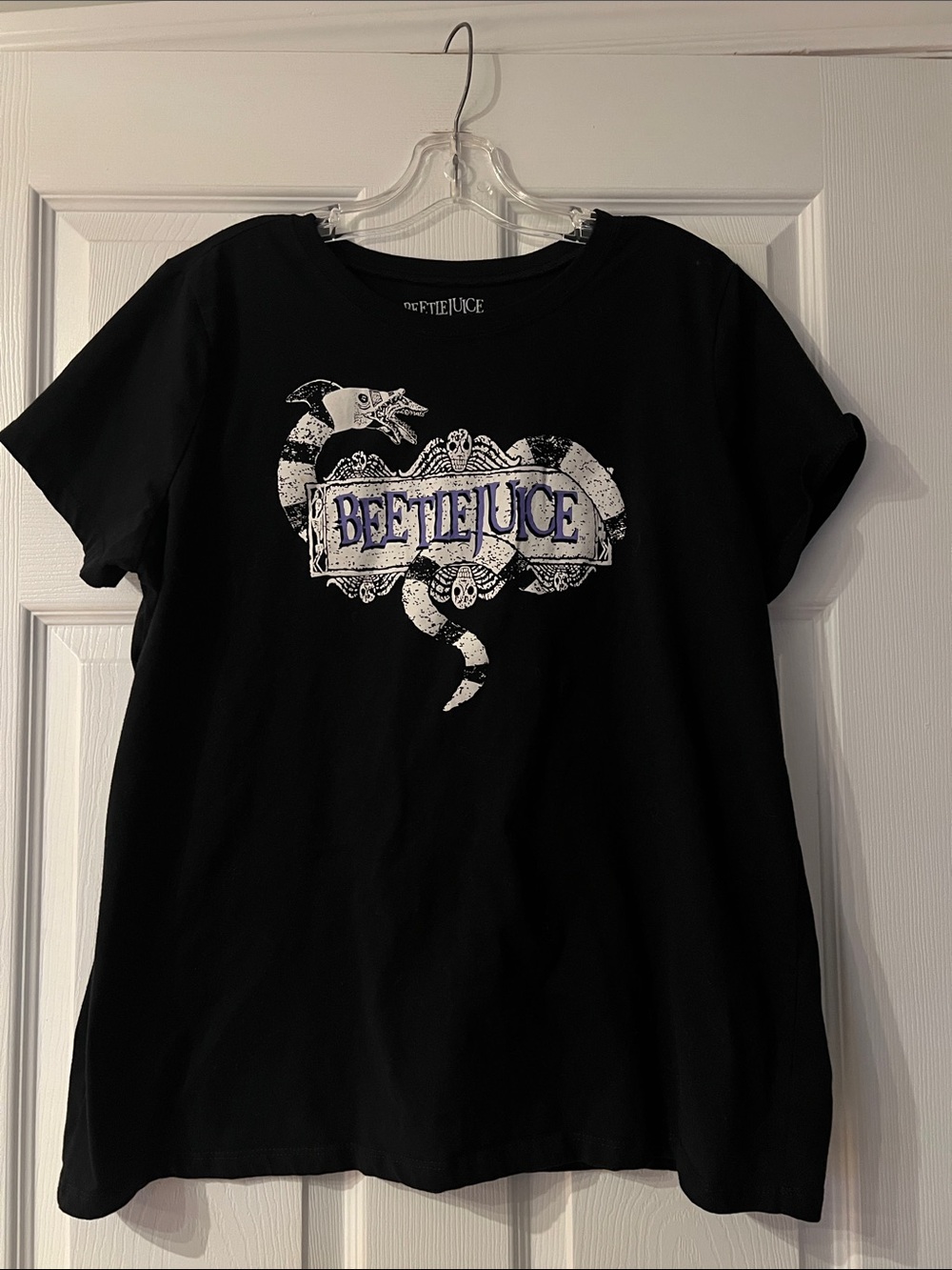Hybrid Apparel Black Beetlejuice Snake Graphic Tee with White and Purple Logo